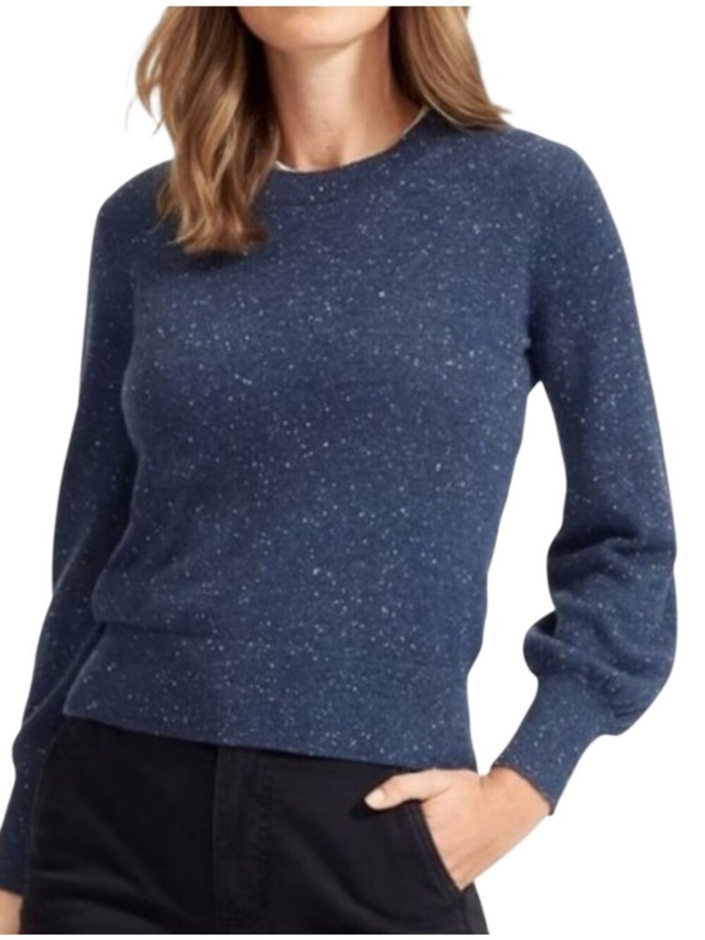 Everlane Womens Cashmere Round Neck Sweater Indigo Donegal Speckled bishop sleev